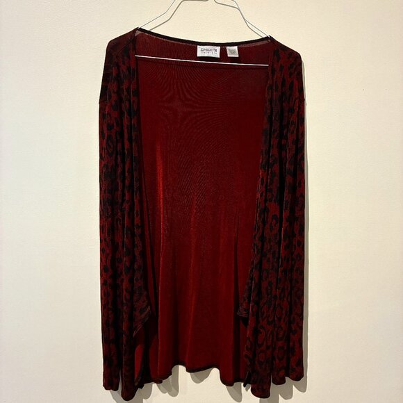Chico's Travelers Red Leopard Pattern Velour Cardigan - Women's Size 2 (L) - Picture 1 of 10